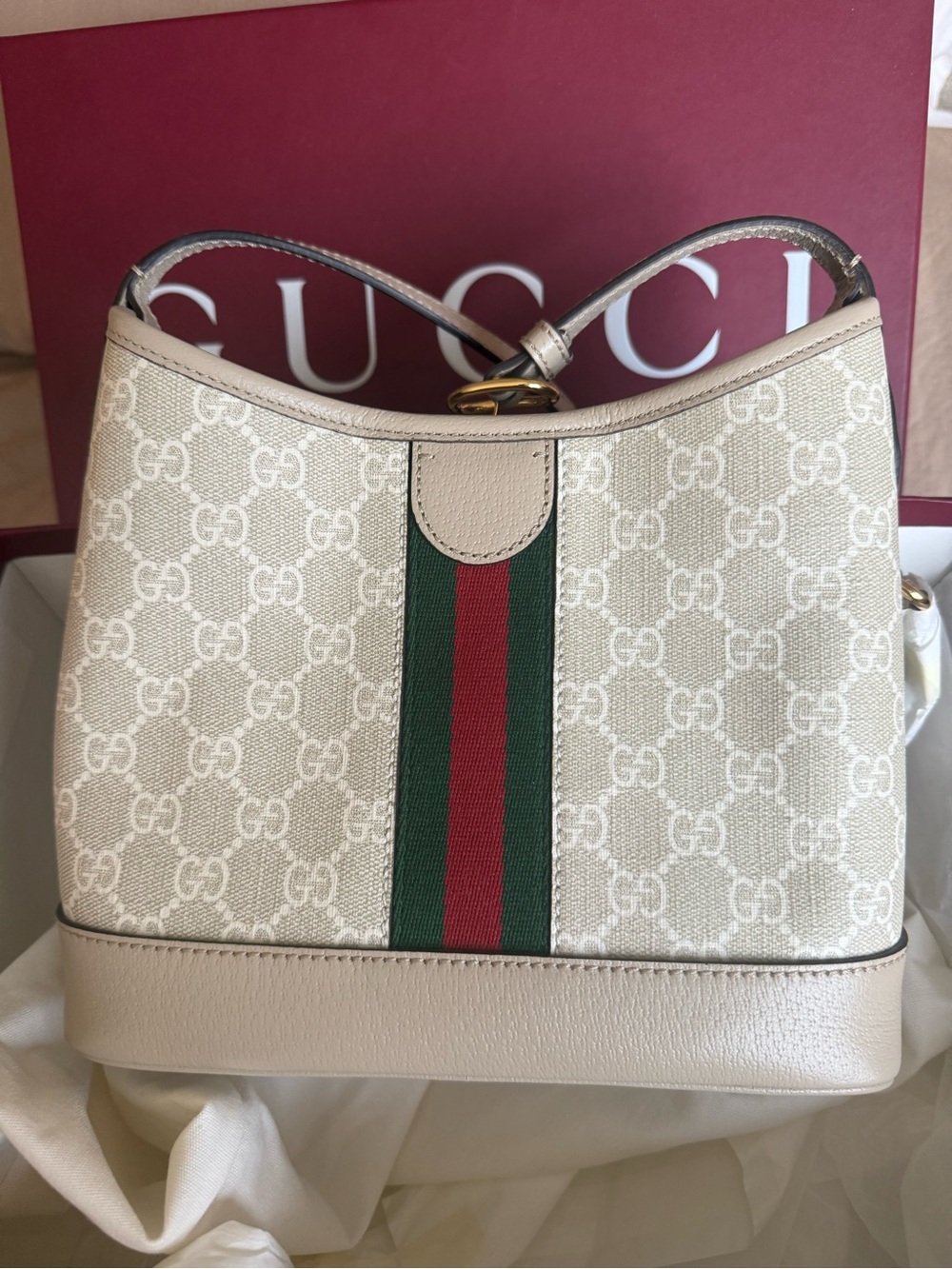 Gucci Cream Beige GG Supreme Shoulder Bag with Green-Red Web Stripe